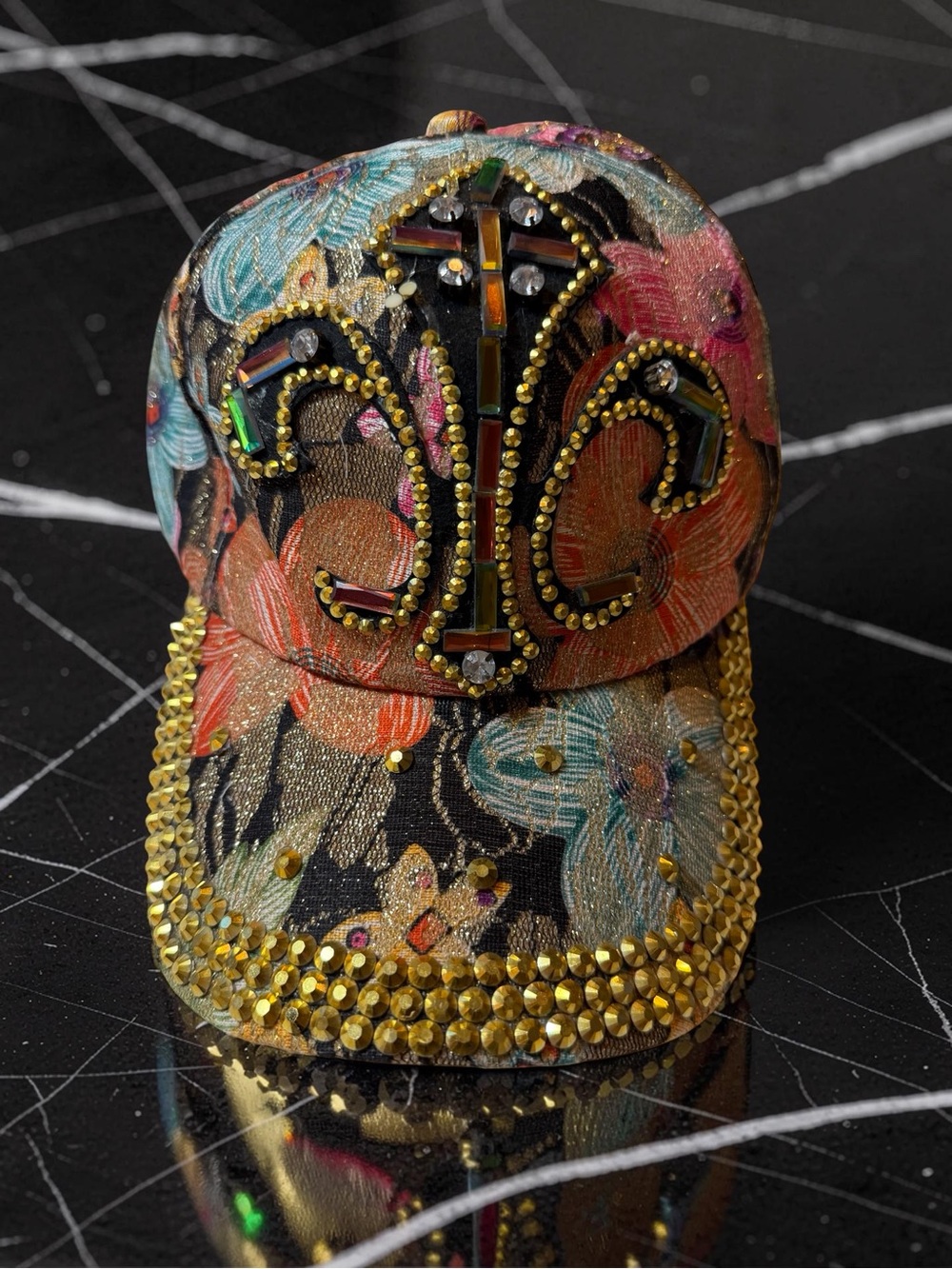 Embellished Floral Rhinestone Baseball Cap - Multi Color